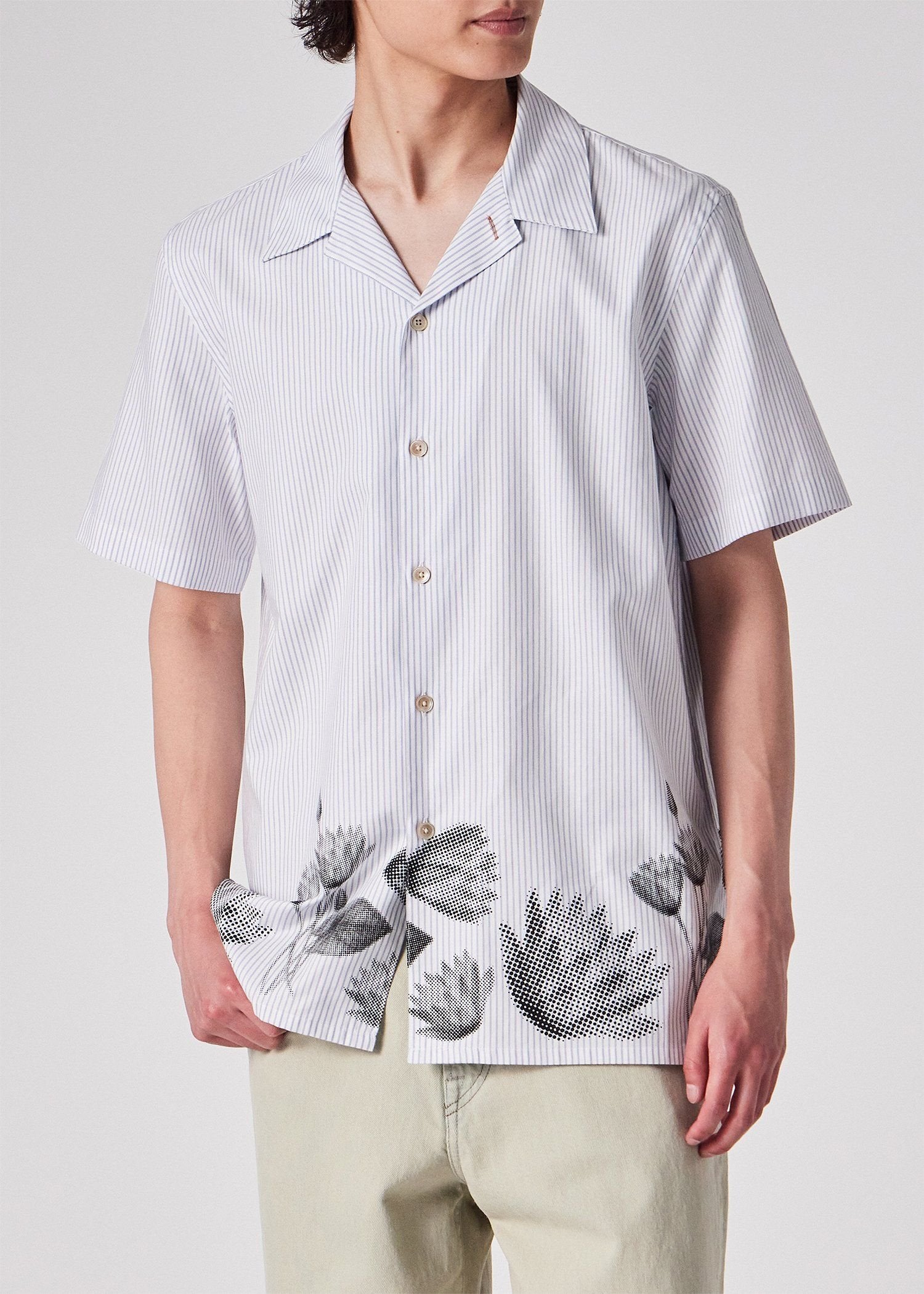 "Half Tone Floral" ストライプ オープンカラーシャツ