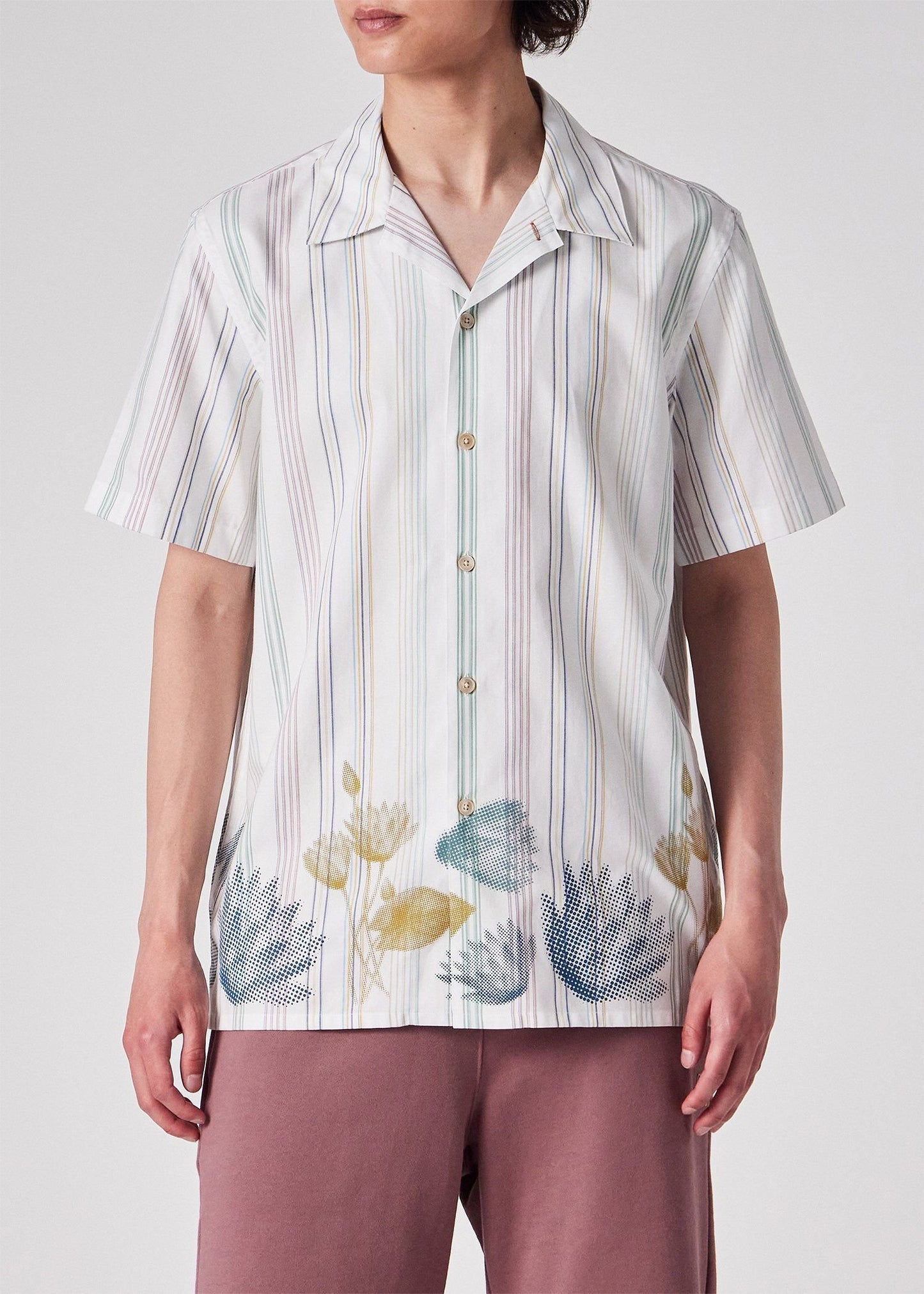 "Half Tone Floral" ストライプ オープンカラーシャツ